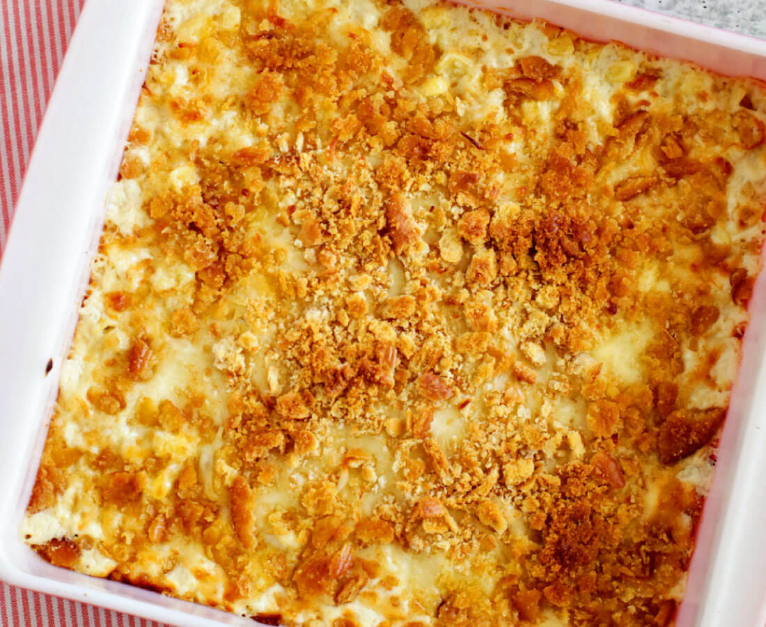 Creamed Corn Casserole in an 8x8 dish, perfect side dish